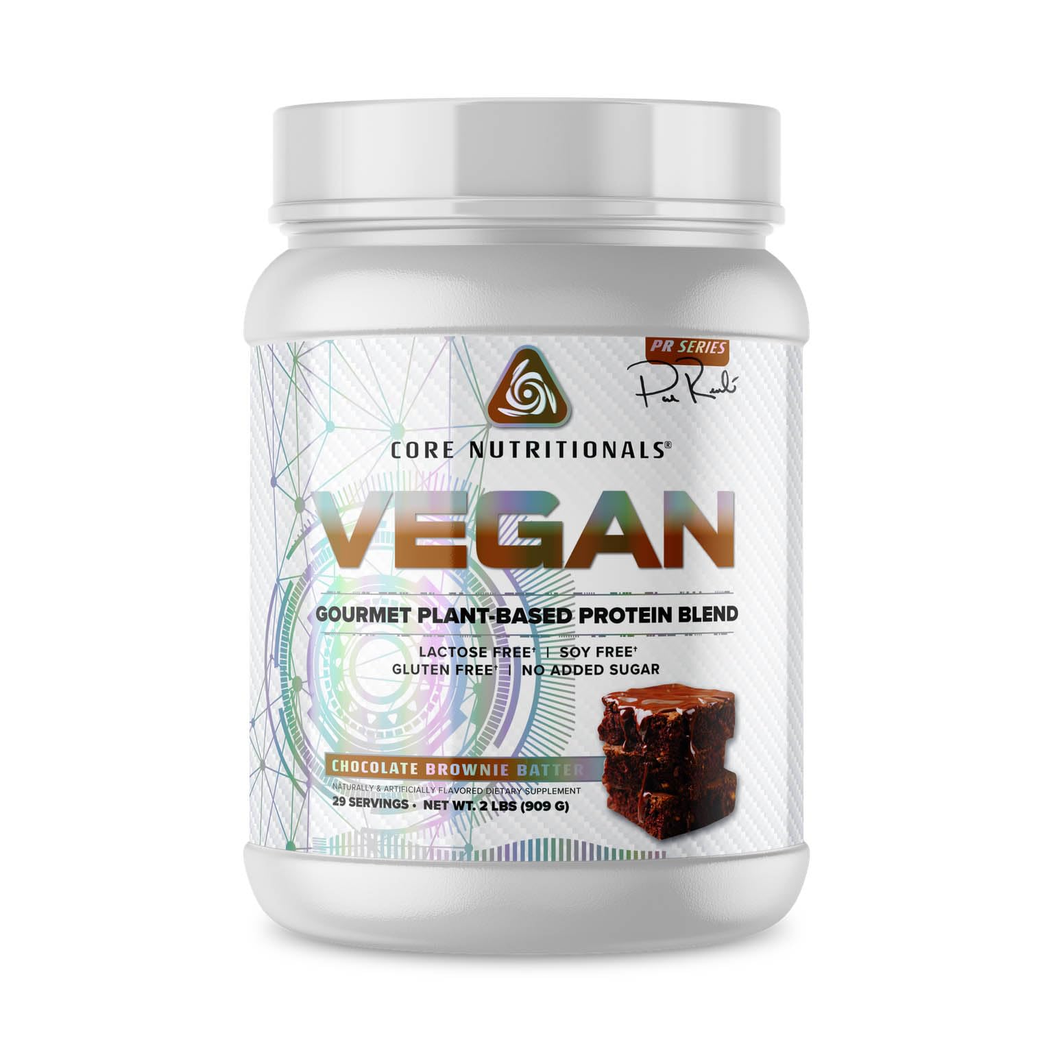 Core VEGAN chocolate brownie batter tub shows post-workout recovery potential.
