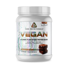Core VEGAN chocolate brownie batter tub shows post-workout recovery potential.