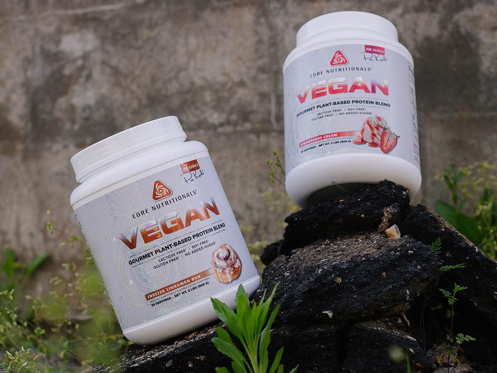 Core VEGAN label close-up highlights lactose-free and gluten-free features.