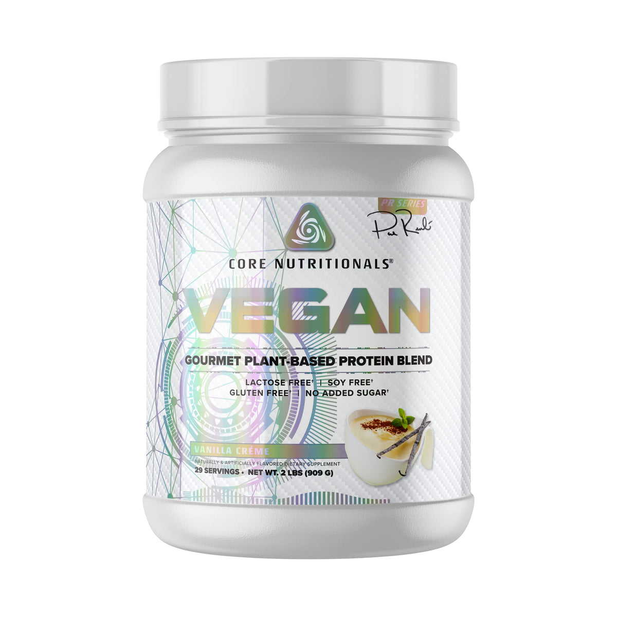 Core VEGAN vanilla cream protein powder bottle highlighting plant-based nutrition