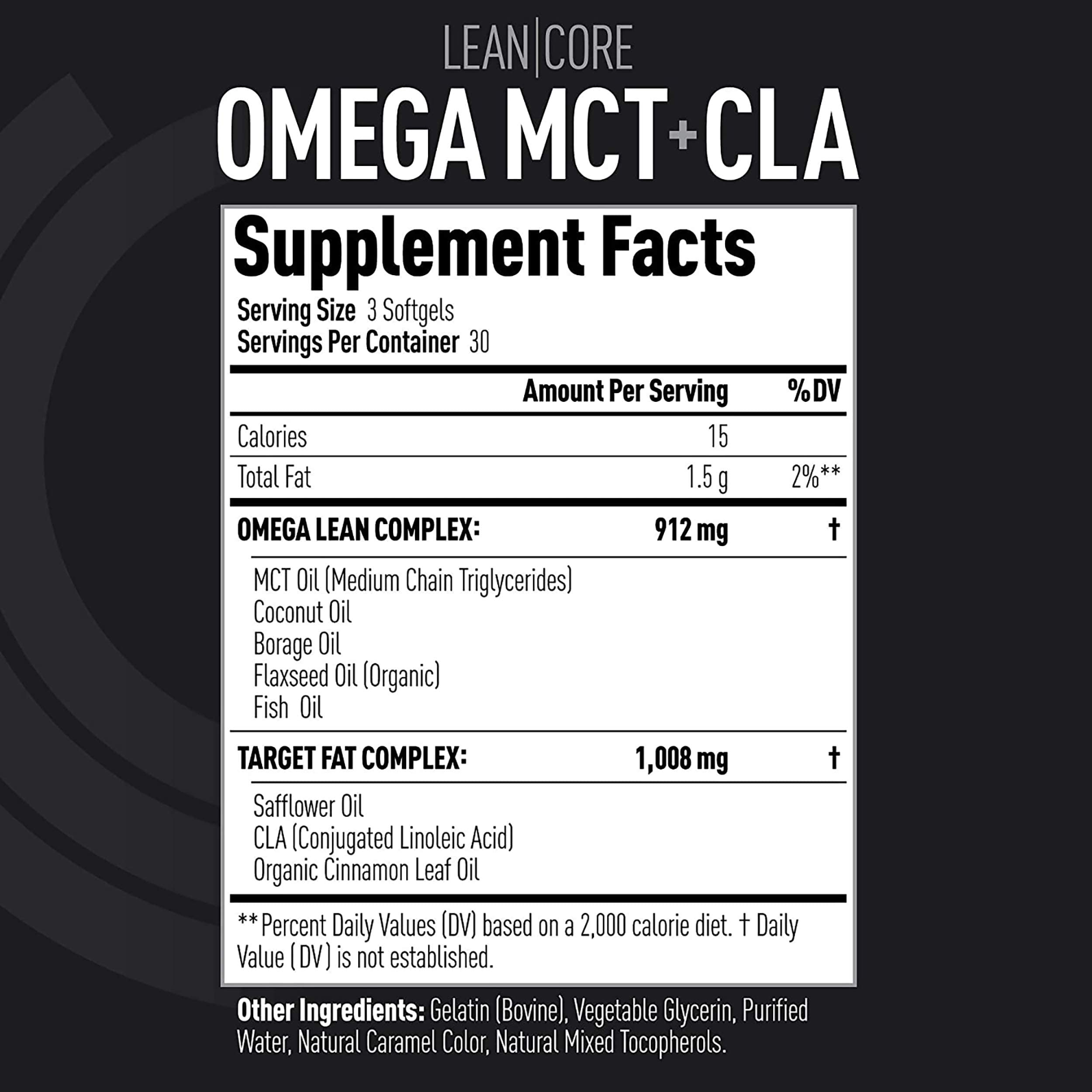 CORE ACTIVE Lean Omega MCT + CLA ingredients list shows flaxseed and fish oils for fatty acid intake.