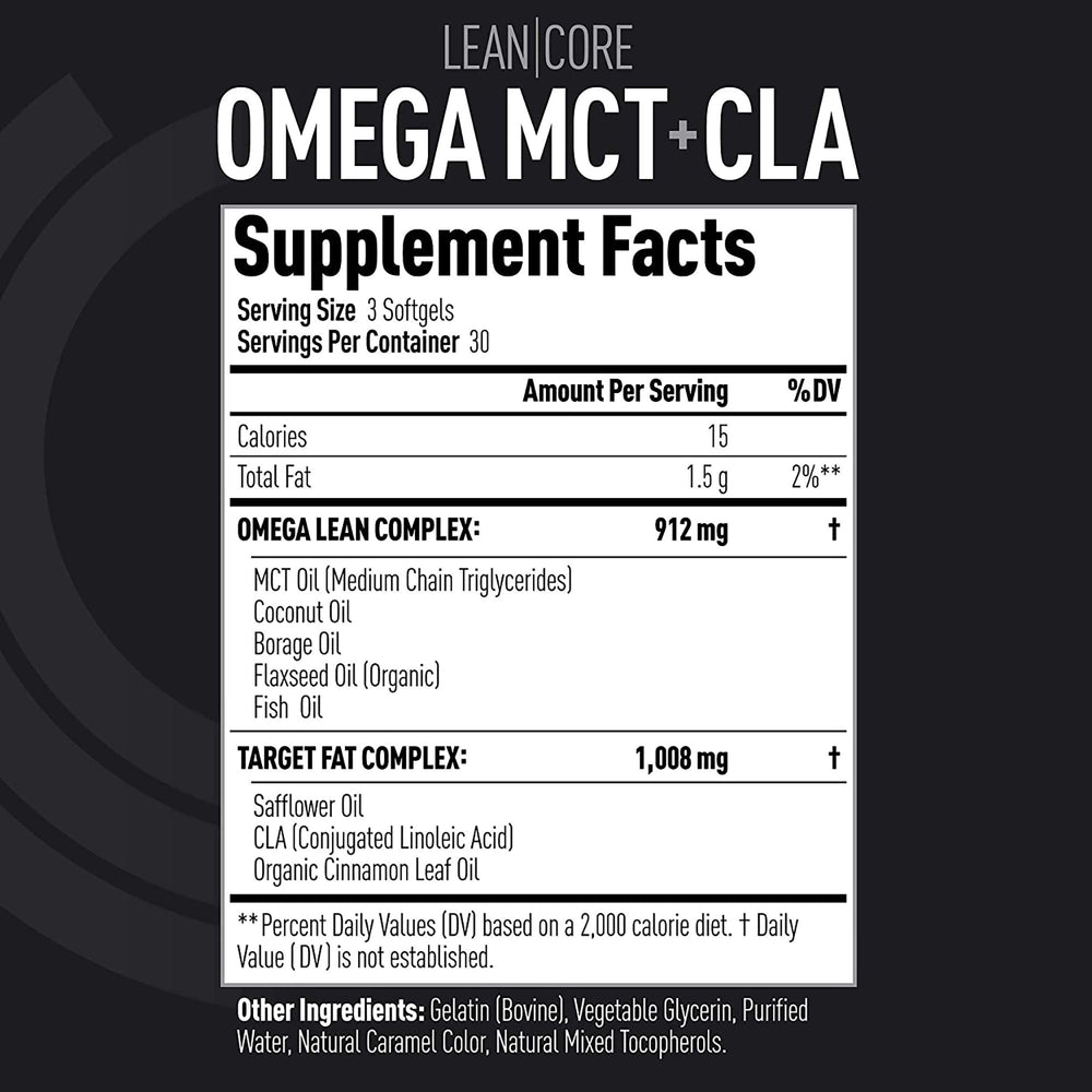 CORE ACTIVE Lean Omega MCT + CLA ingredients list shows flaxseed and fish oils for fatty acid intake.