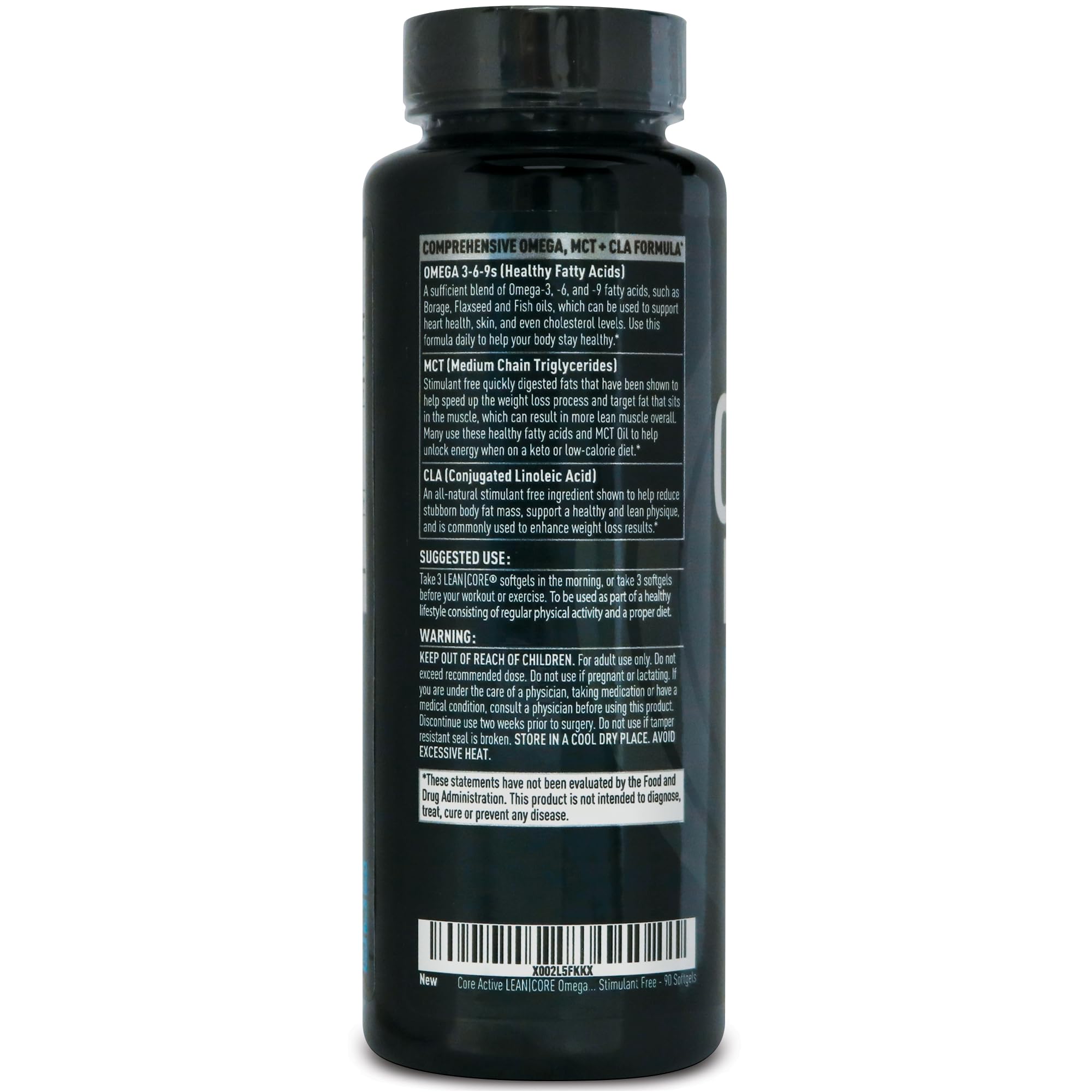 CORE ACTIVE Lean Omega MCT + CLA label close-up highlights the omega blend benefits.