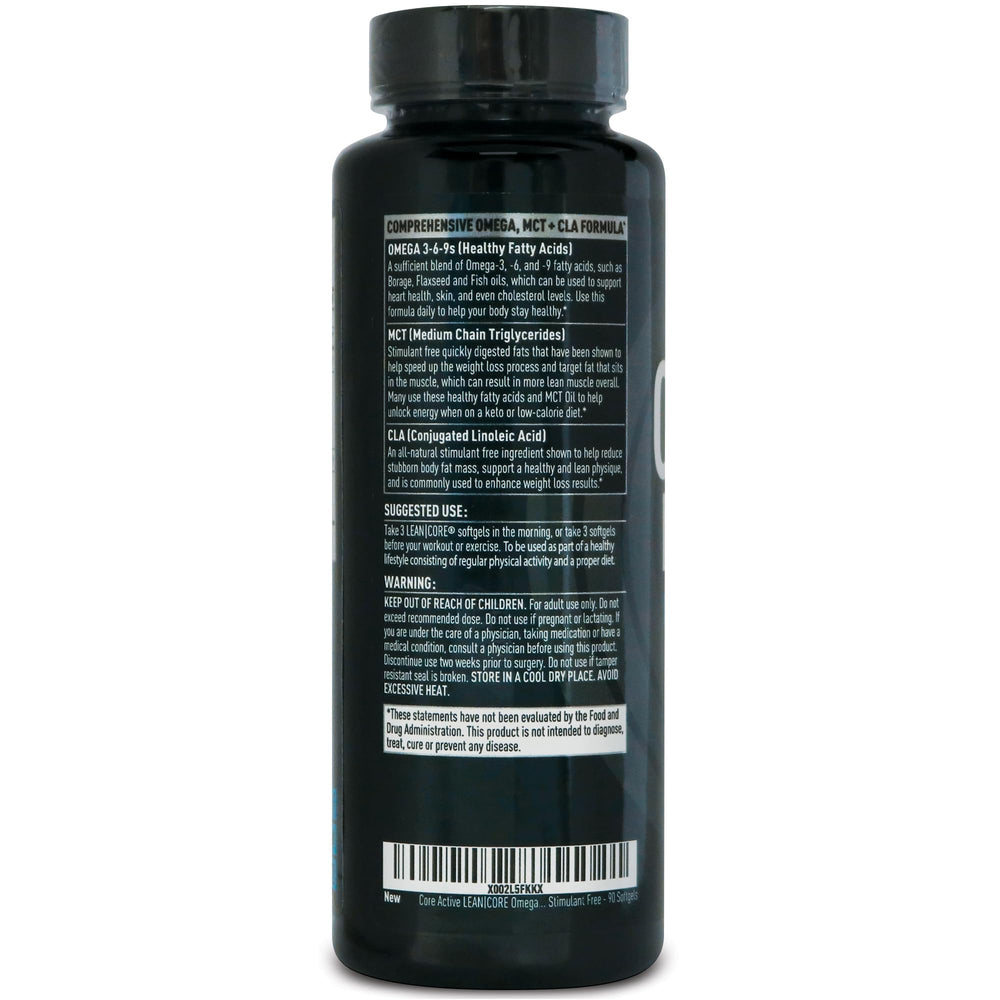 CORE ACTIVE Lean Omega MCT + CLA label close-up highlights the omega blend benefits.