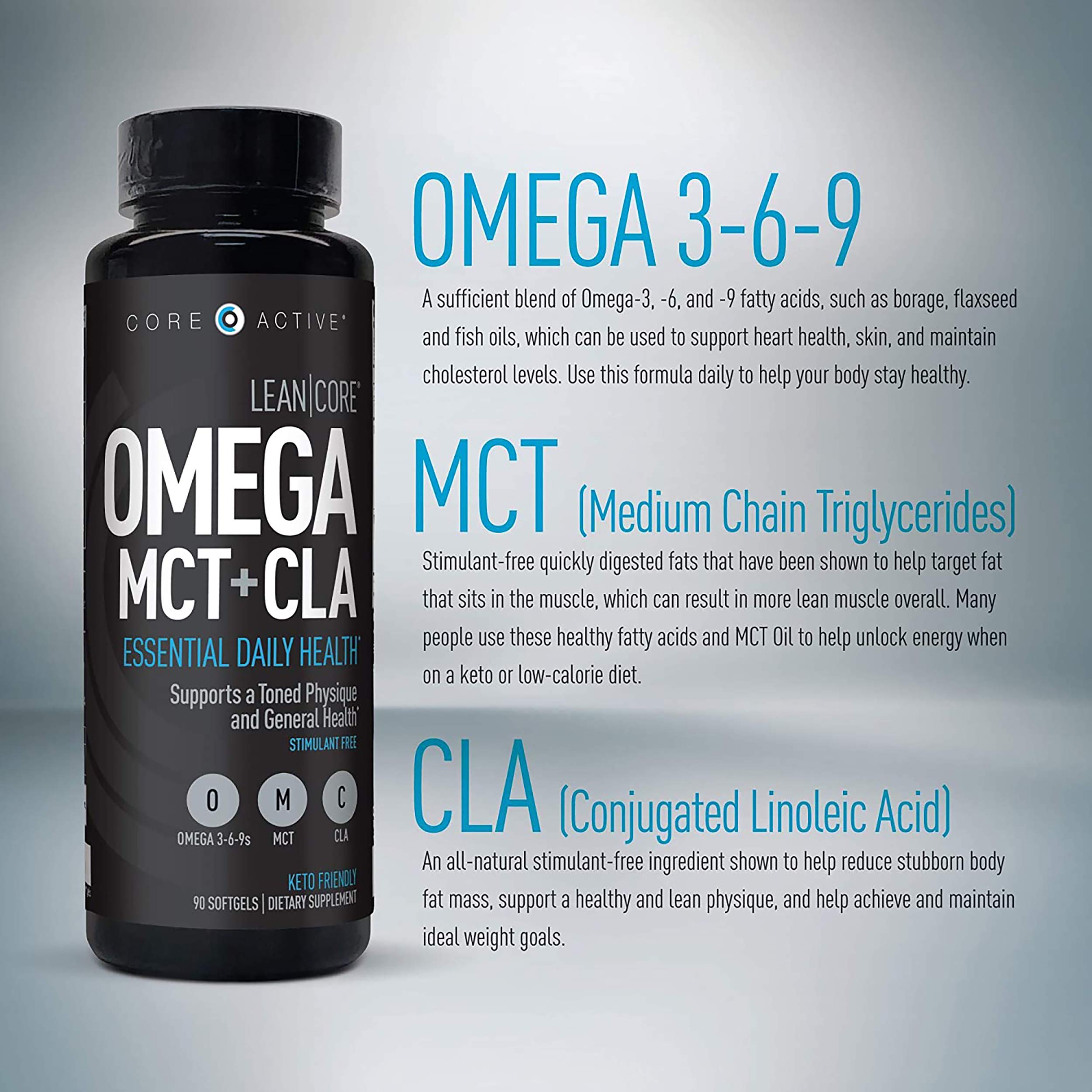 CORE ACTIVE Lean Omega MCT + CLA oils support fast digestion and metabolism.