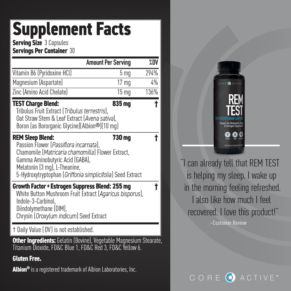 (CORE)ACTIVE REM Test Booster PM capsules show melatonin support for restful sleep