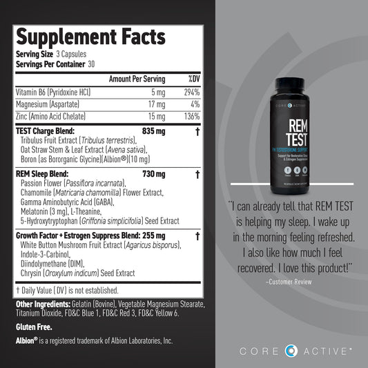 (CORE)ACTIVE REM Test Booster PM capsules show melatonin support for restful sleep
