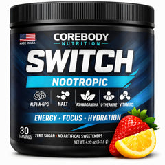 CoreBody Switch bottle front view showing clean energy and focus on the go.