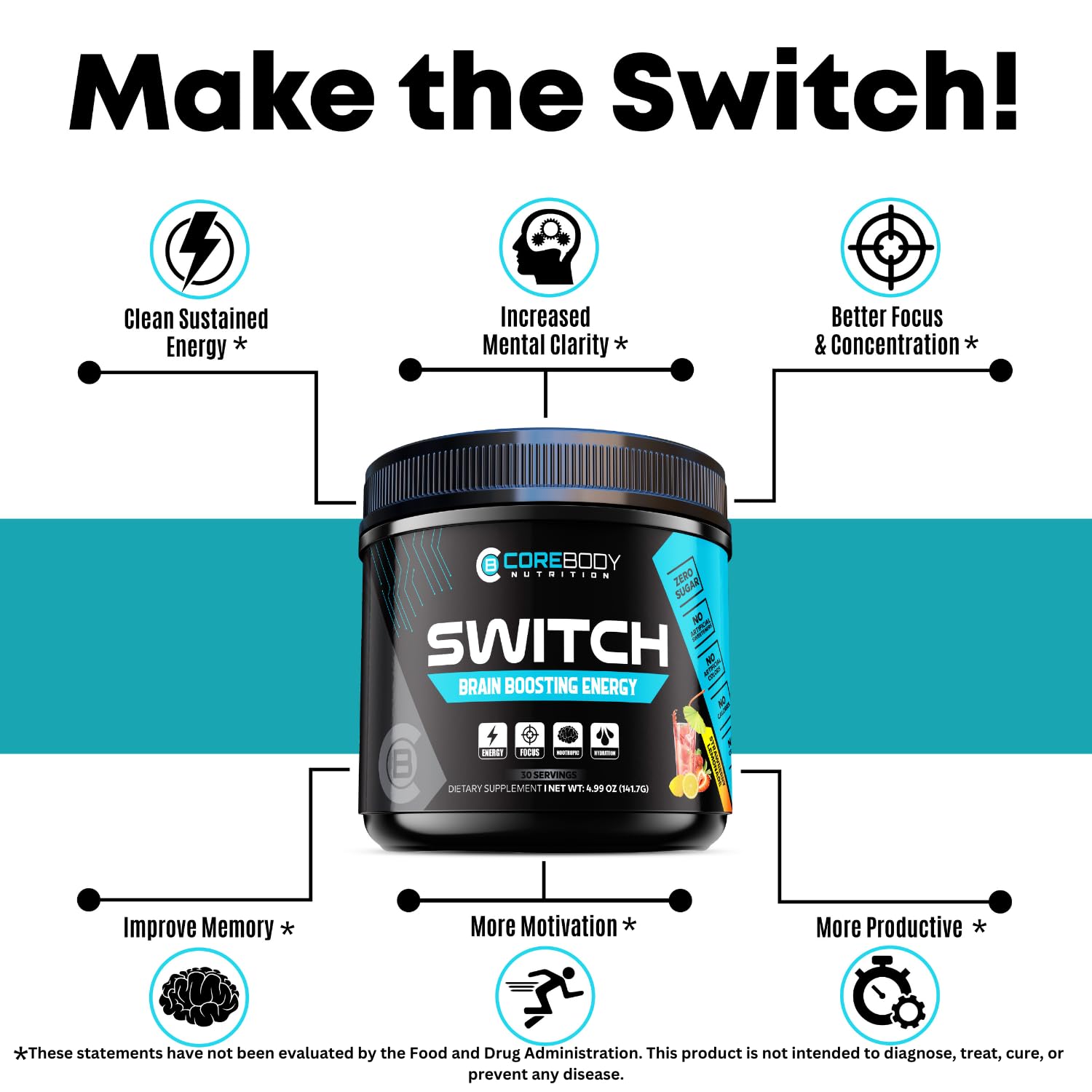 CoreBody Switch diluted energy glass showing a keto-friendly sugar-free mix for focus.