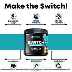 CoreBody Switch diluted energy glass showing a keto-friendly sugar-free mix for focus.