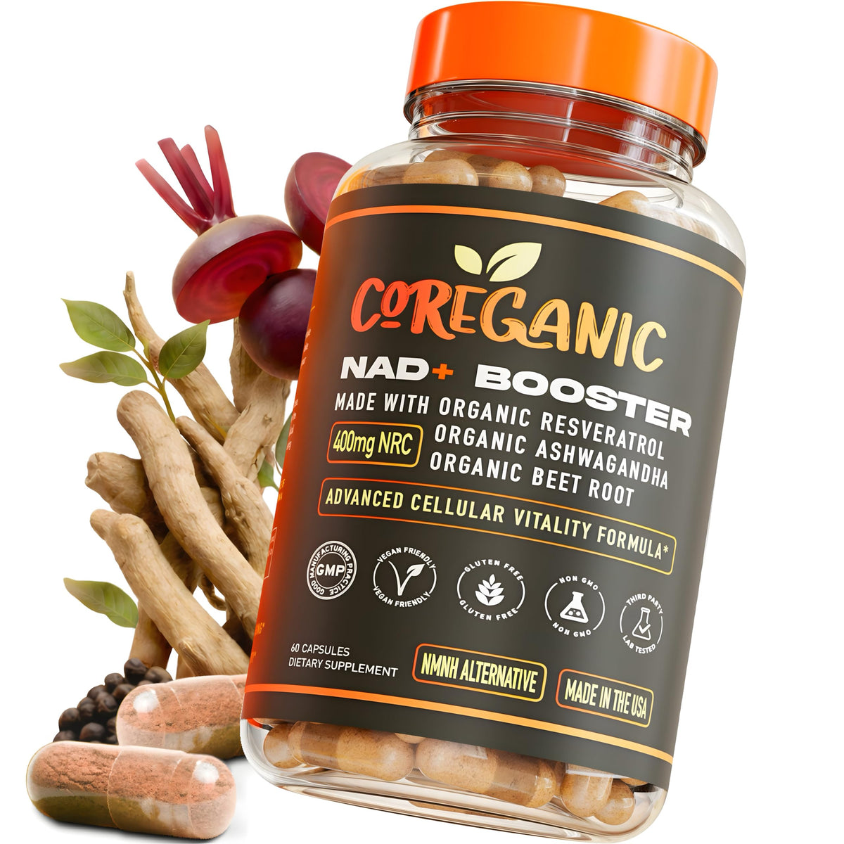 Coreganic Clean NAD+ Support bottle front for daily energy
