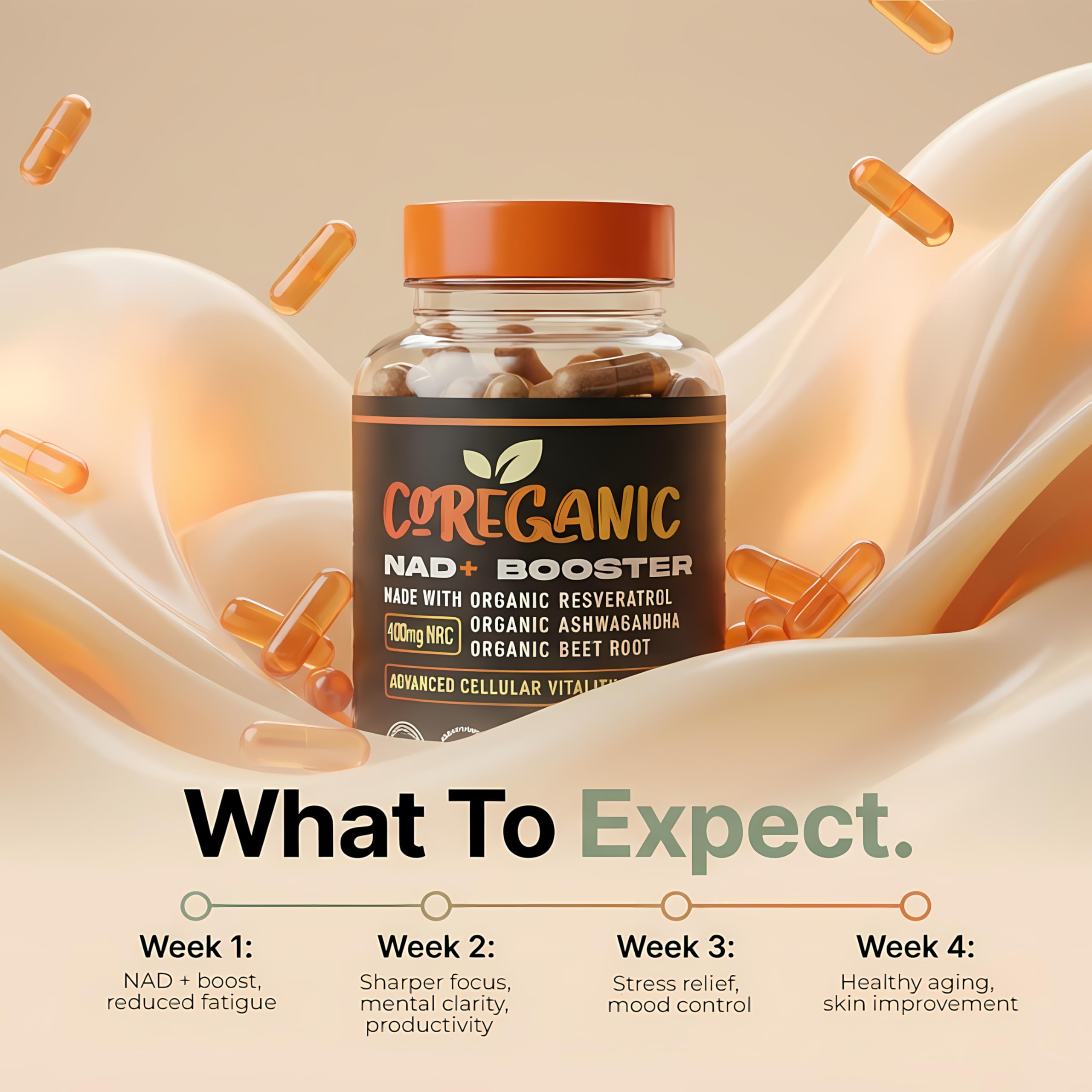 Close-up of Coreganic NAD+ capsules showing vegan supplement texture
