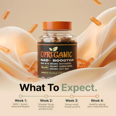Close-up of Coreganic NAD+ capsules showing vegan supplement texture