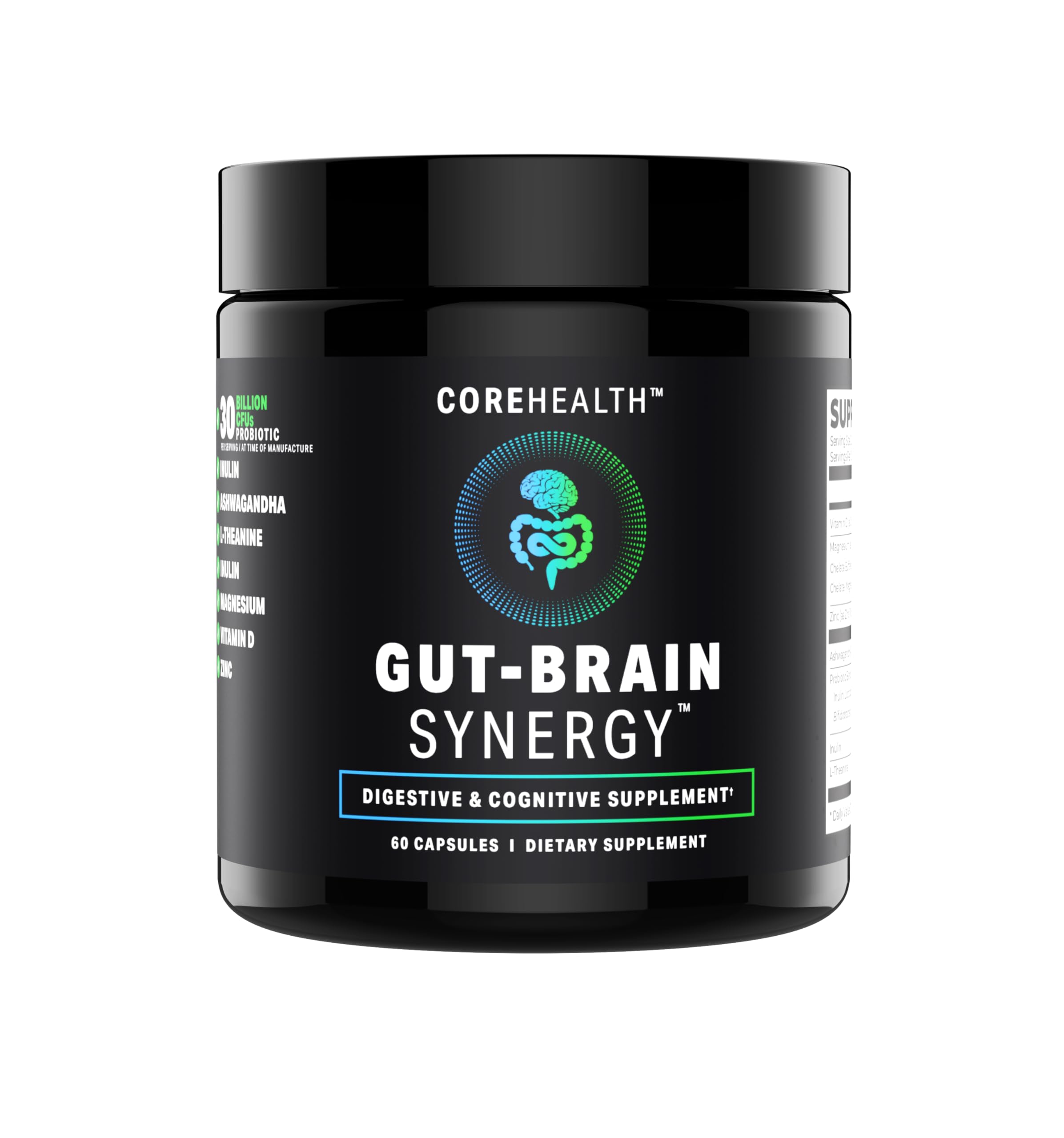 CoreHealth Gut-Brain Synergy bottle with probiotic-nootropic blend for daily focus