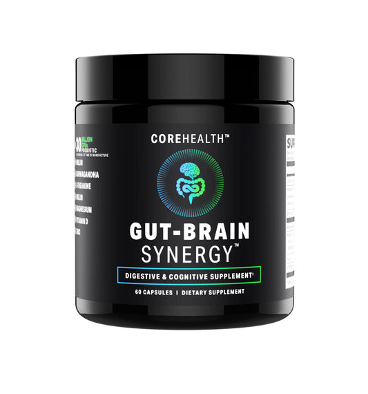 CoreHealth Gut-Brain Synergy bottle with probiotic-nootropic blend for daily focus