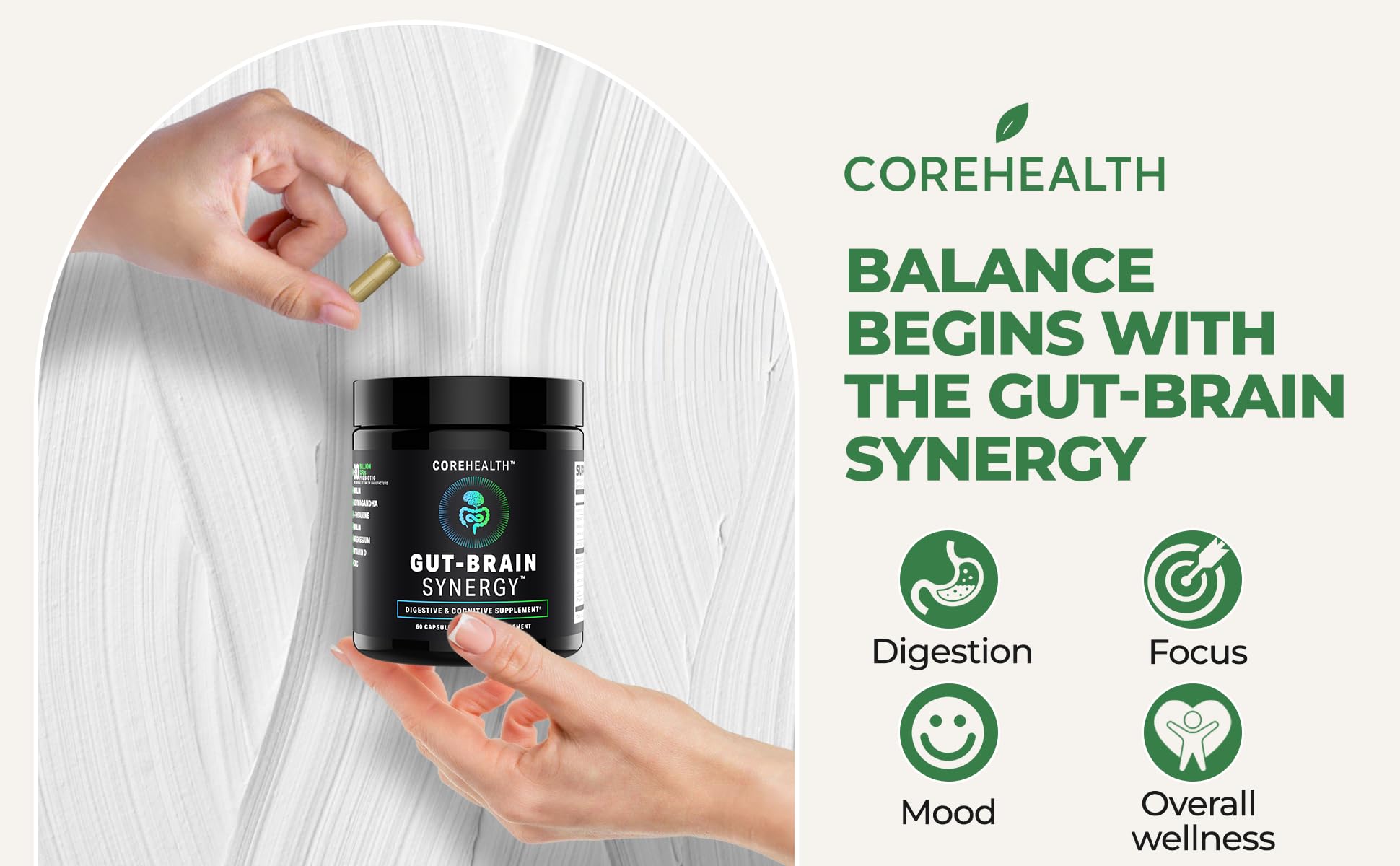 CoreHealth bottle label close-up emphasizing 30B CFU probiotic formula