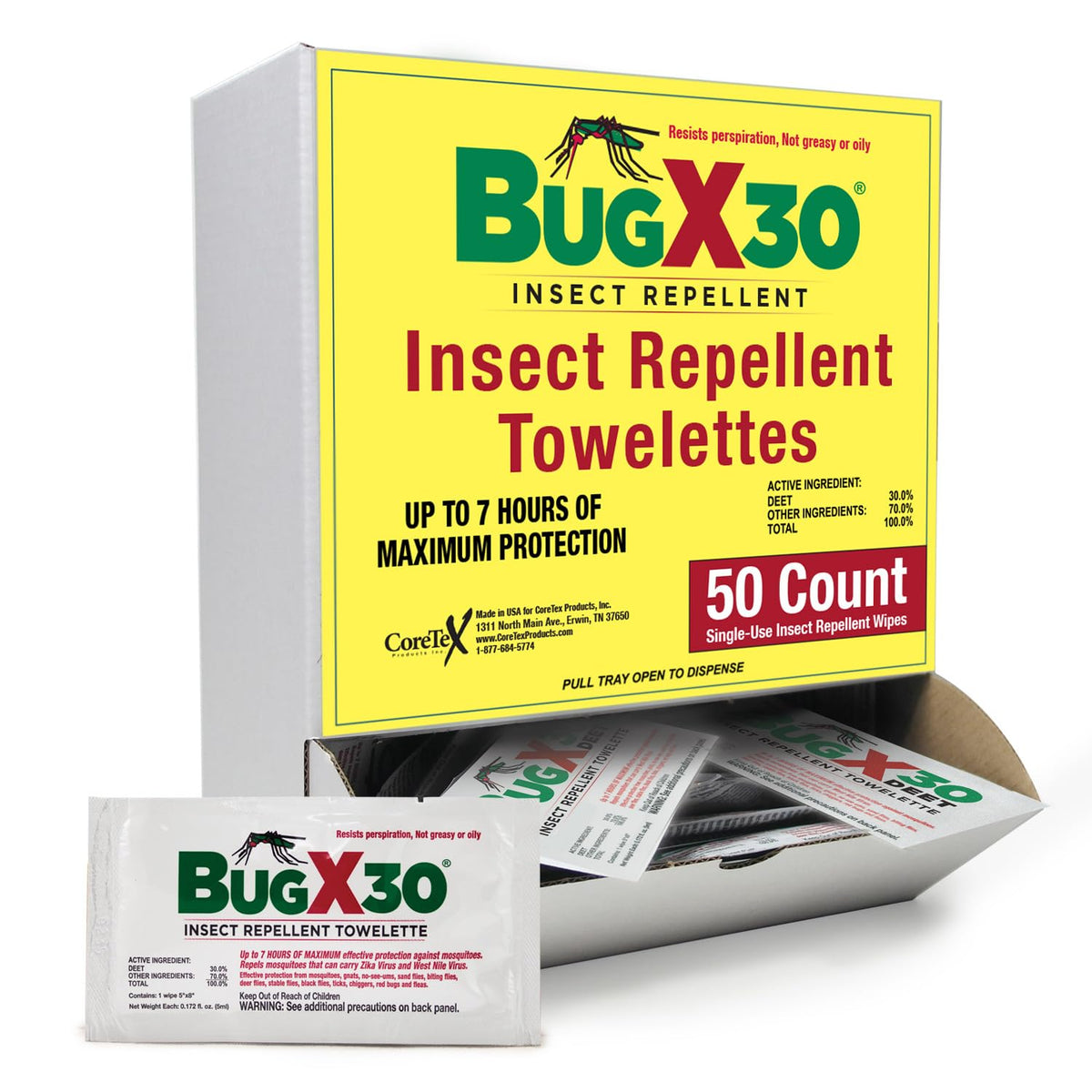 CoreTex Bug X 30 wipes pack front view, compact travel-ready design for outdoor use.