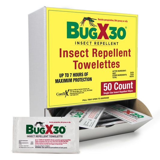 CoreTex Bug X 30 wipes pack front view, compact travel-ready design for outdoor use.