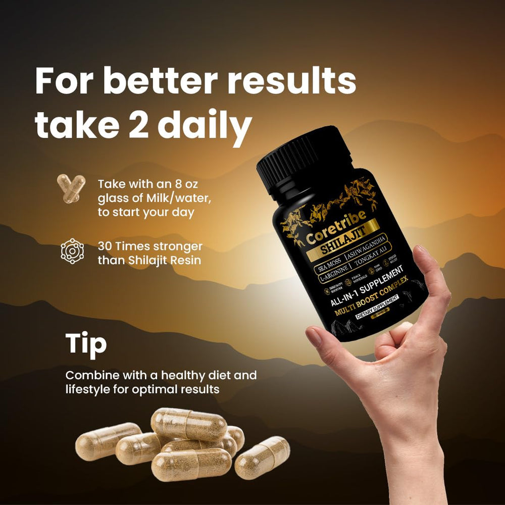 Coretribe Shilajit capsules featuring Ashwagandha for potential adaptogenic support.