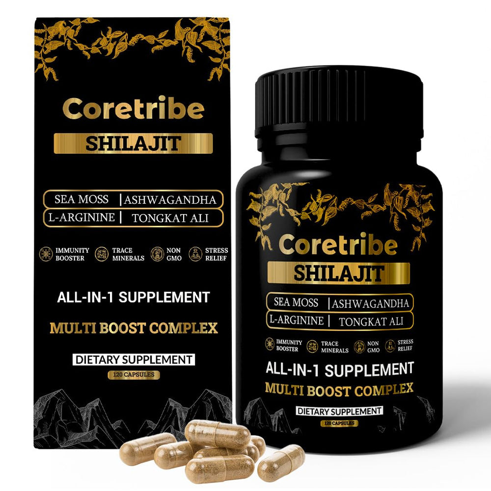 Coretribe Shilajit capsules bottle front for daily energy support.