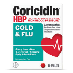 Coricidin HBP cold tablets front view showing decongestant-free design for high blood pressure users.
