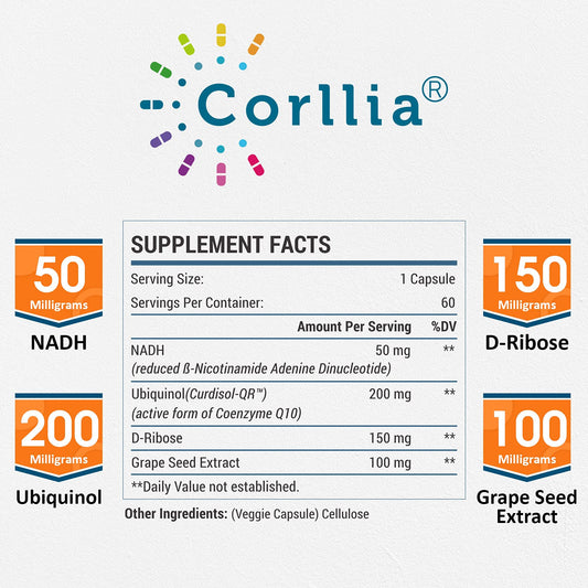 Corllia NADH CoQ10 D-Ribose capsules close-up showing veggie shell