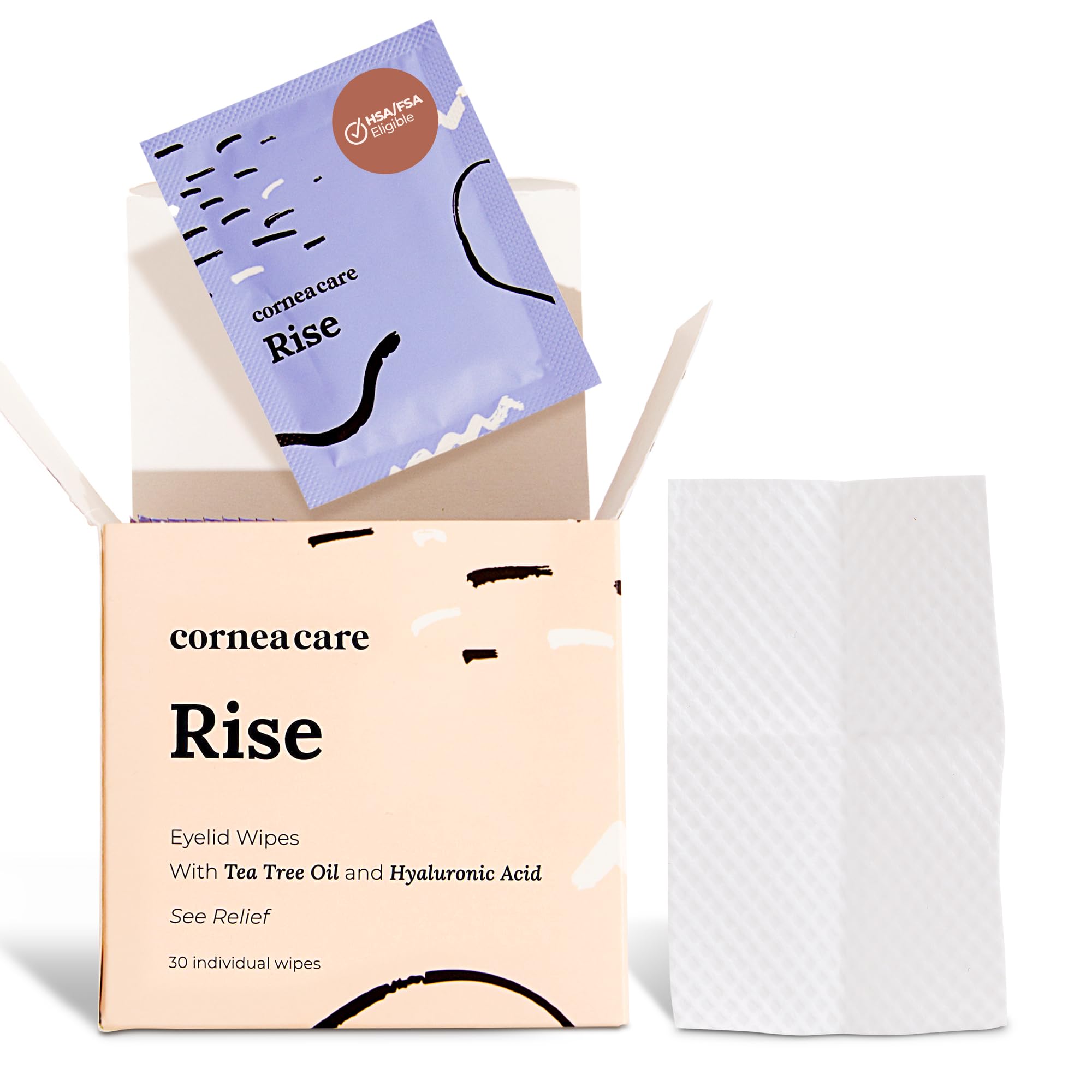 CorneaCare Rise eyelid wipe close-up with tea tree oil for gentle cleansing