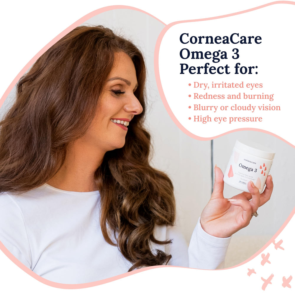 CorneaCare Triple Strength Omega 3 bottle back view shows label with EPA/DHA ratio.
