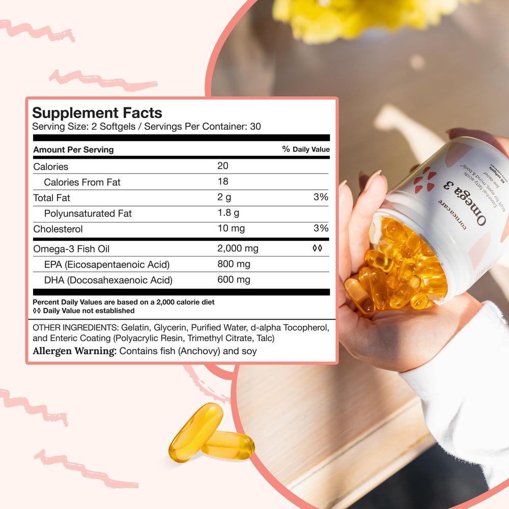 CorneaCare Omega 3 label closeup highlights 2:1 EPA to DHA ratio.