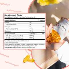 CorneaCare Omega 3 label closeup highlights 2:1 EPA to DHA ratio.