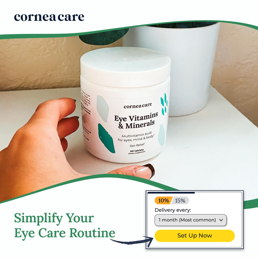 CorneaCare vitamins being poured from bottle into glass during daily routine.