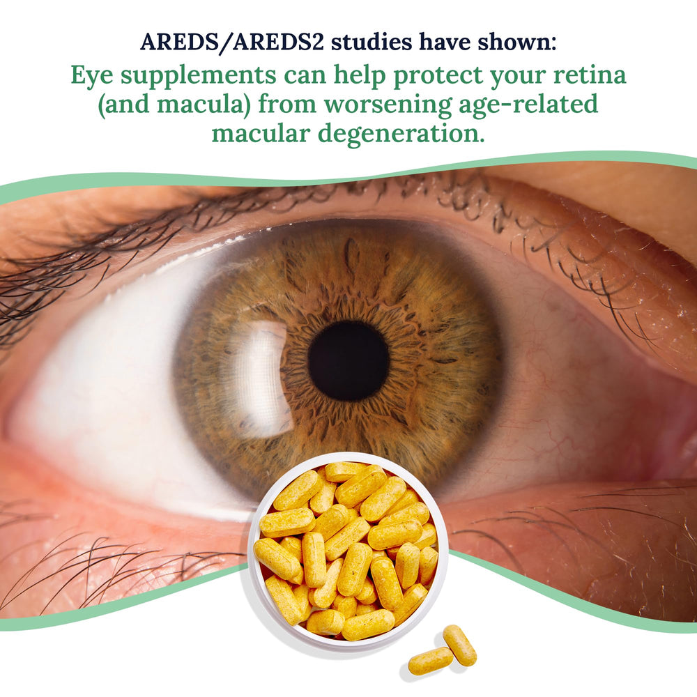 CorneaCare vitamins next to a vision health chart illustrating focus support.