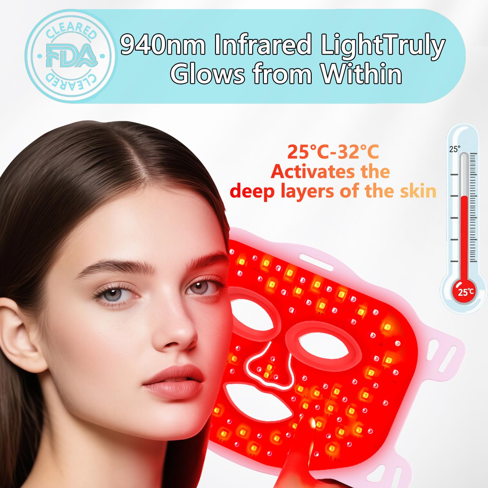Coroover red light face mask heat setting emphasizes warm comfort and deeper skin reach