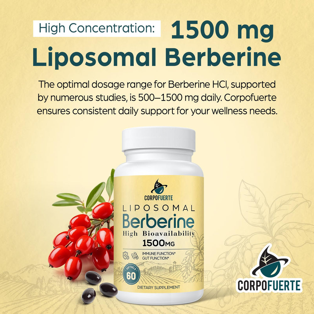 Corpofuerte Liposomal Berberine 1500mg diagram emphasizes cellular balance benefits.