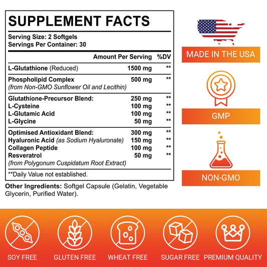 CORPORALIGHT Liposomal Glutathione Softgels packaging highlights gluten-free and premium quality