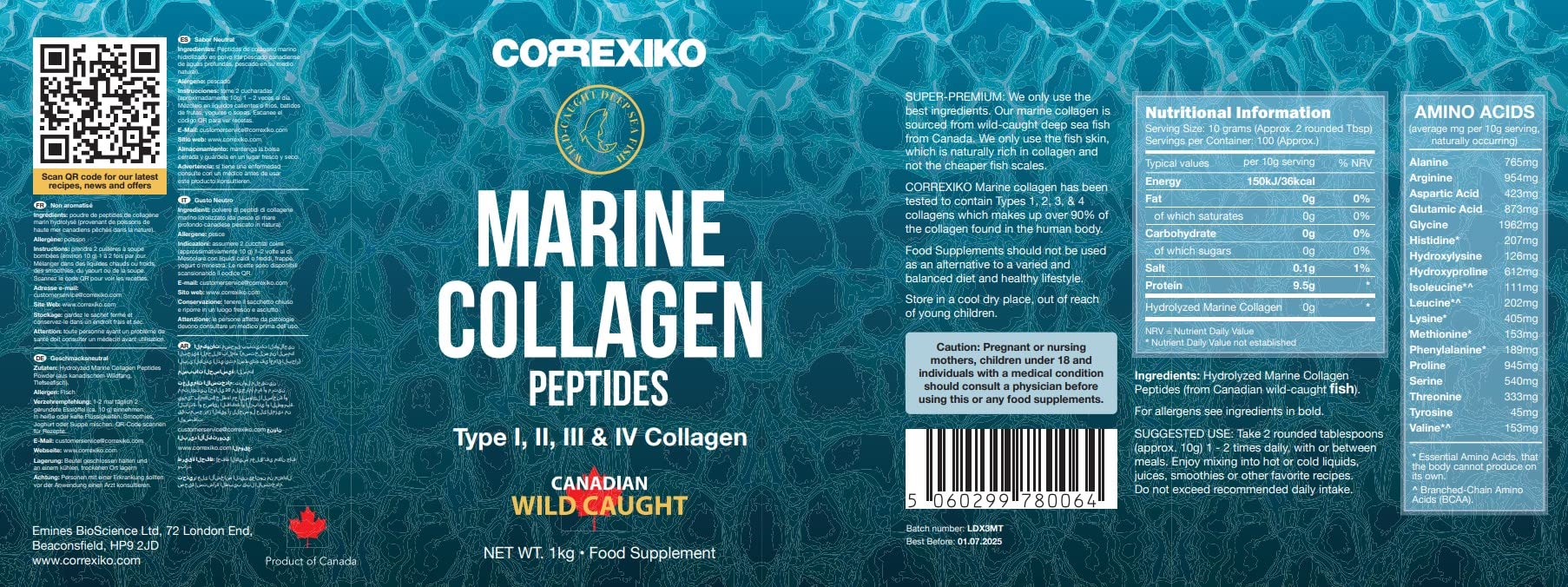 CORREXIKO brand label emphasizing marine origin and hydrolysis process