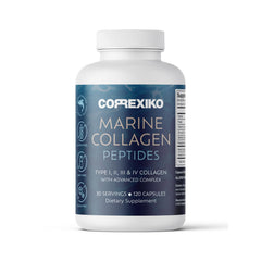 CORREXIKO Marine Collagen bottle front view supports skin hydration and hair strength.