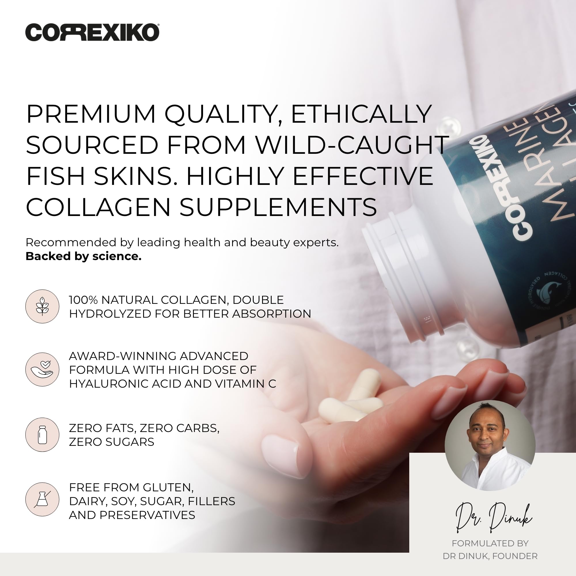 CORREXIKO daily-dose graphic shows morning and evening capsules for consistency.