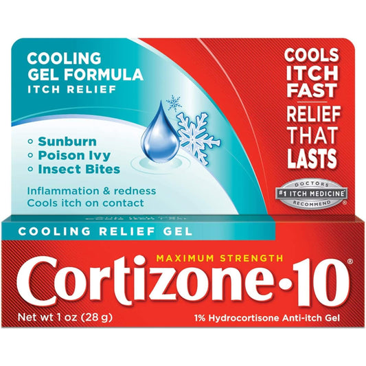 Cortizone-10 cooling relief gel bottle delivers quick, soothing relief on contact.