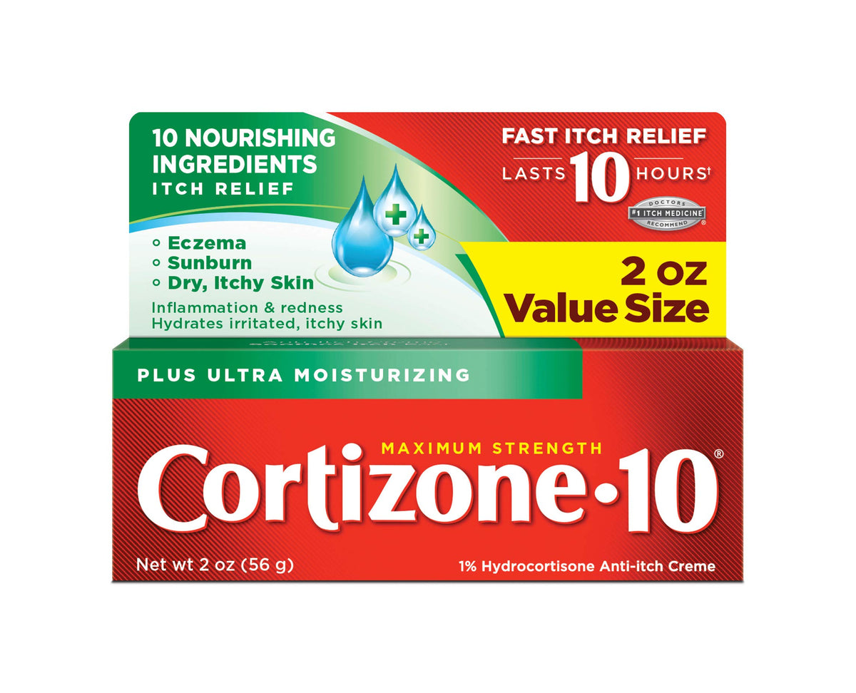 Cortizone 10 Plus hydrocortisone anti-itch creme bottle for fast relief.