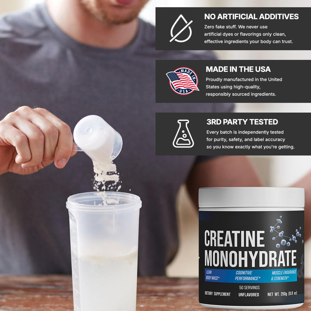 Container front of CorVive Creatine Monohydrate highlighting 50 servings