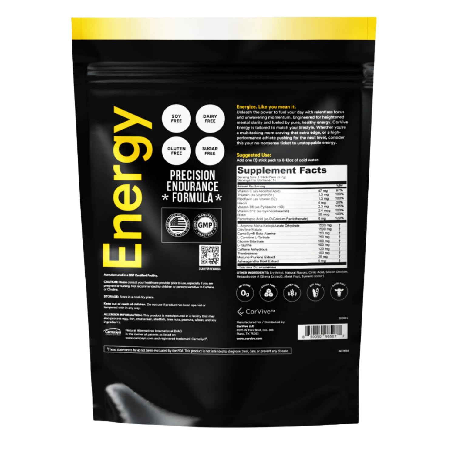 CorVive Energy lemon stick-pack back showing nutrition details.