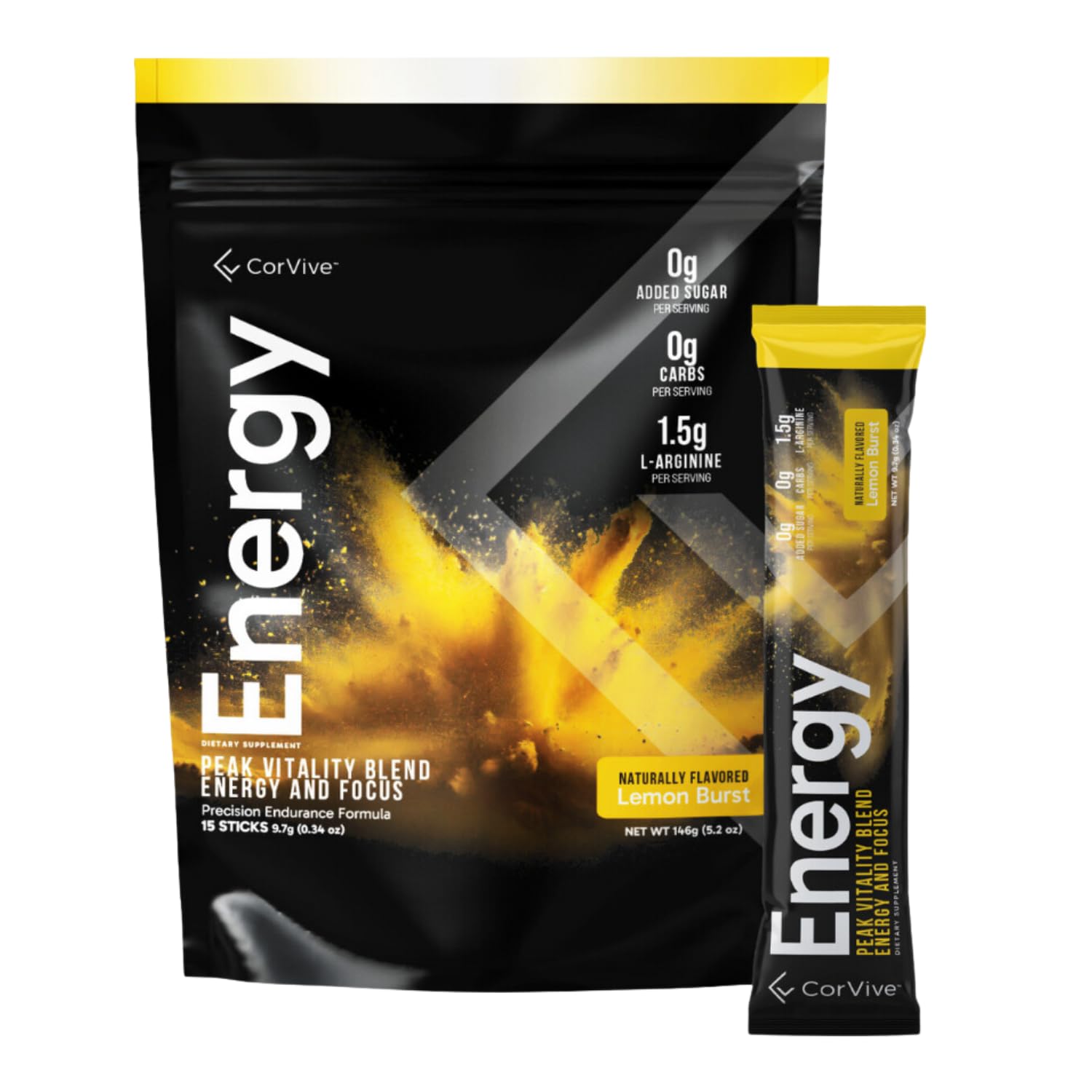 CorVive Energy lemon stick-pack front for quick energy on the go.