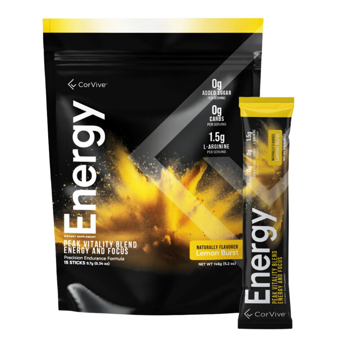 CorVive Energy lemon stick-pack front for quick energy on the go.