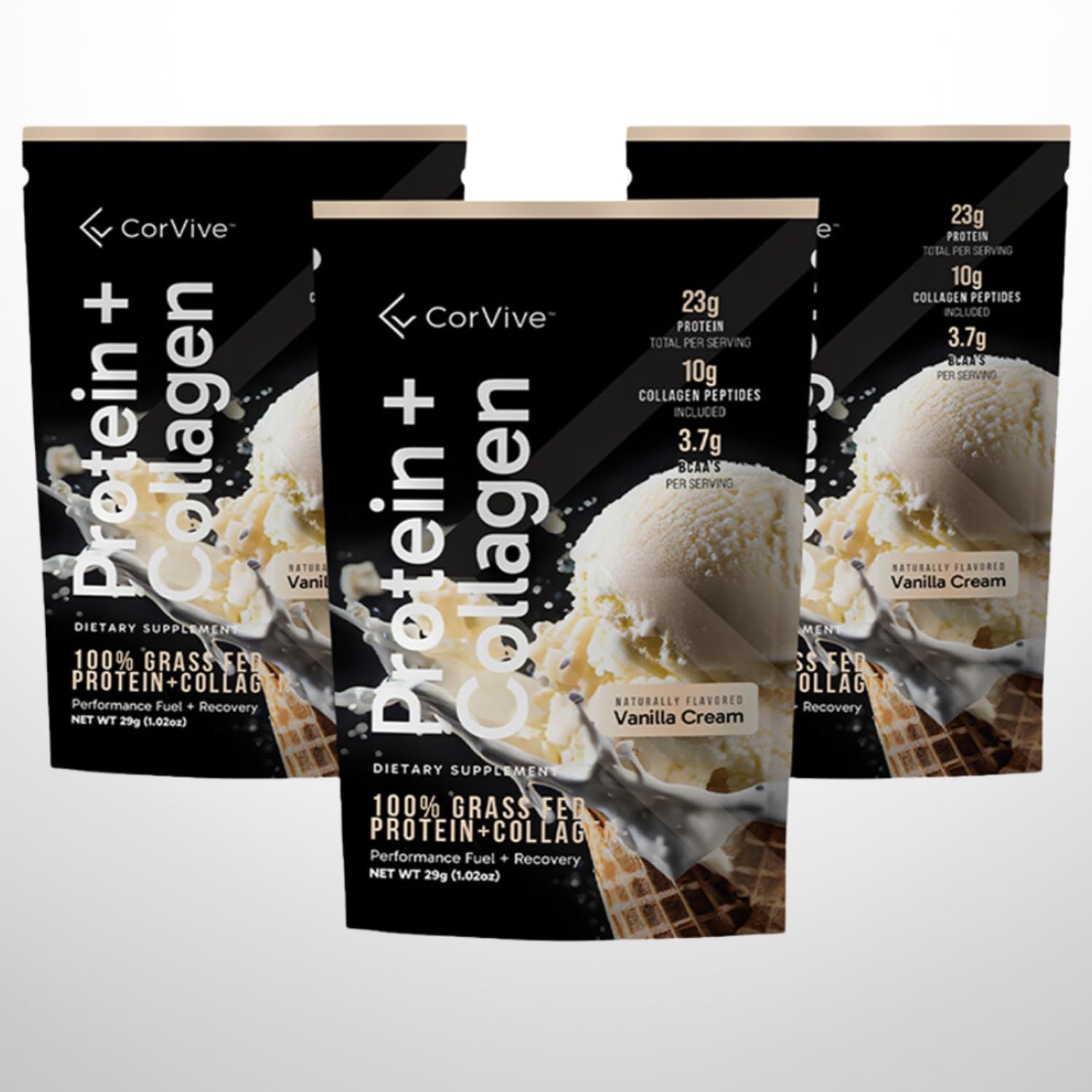 CorVive grass-fed whey and collagen ingredients label.