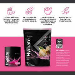 CorVive Hydrate bottle with pink lemonade format highlights portable hydration for athletes and military personnel