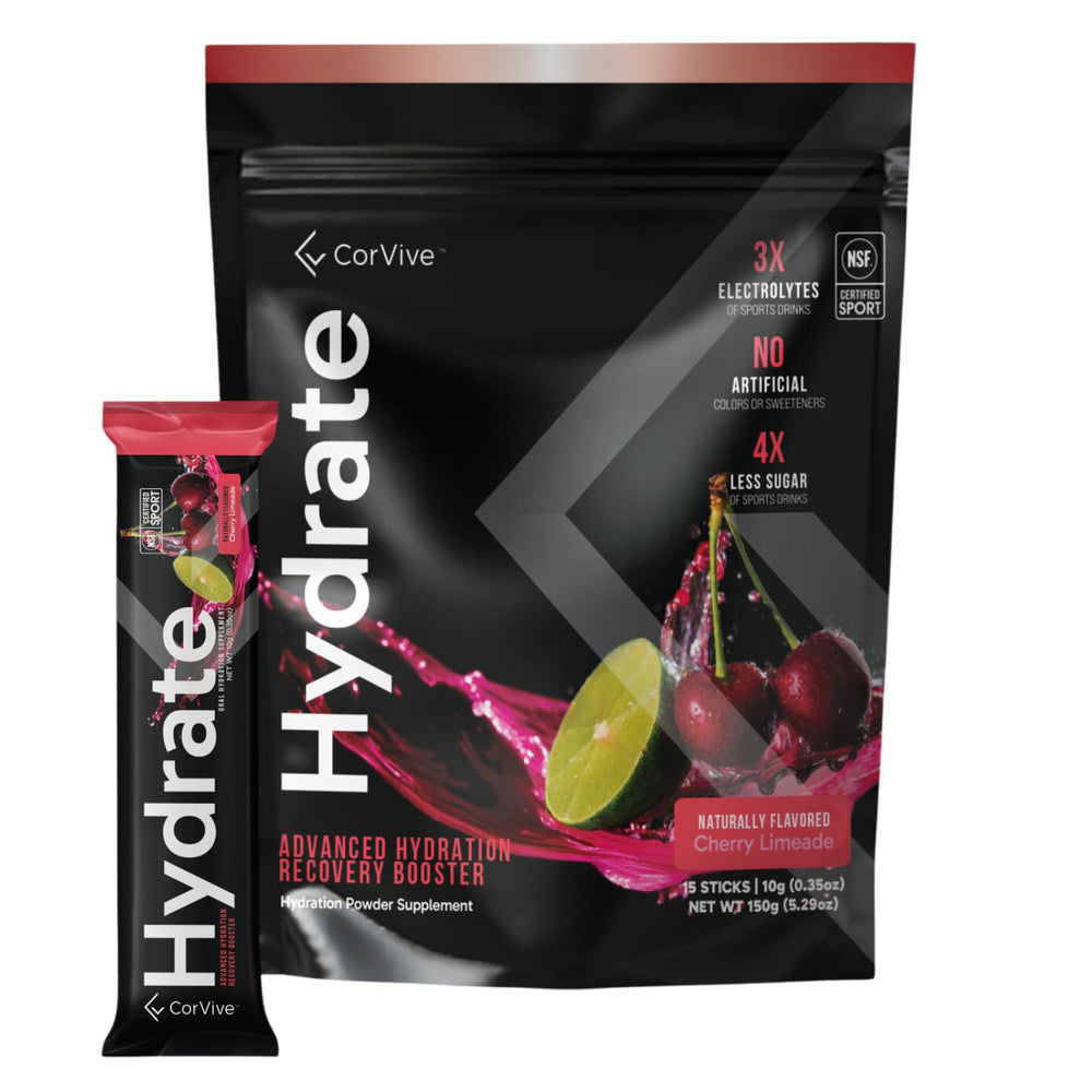 CorVive Hydrate cherry-limeade bottle ready for on-the-go hydration after workouts.