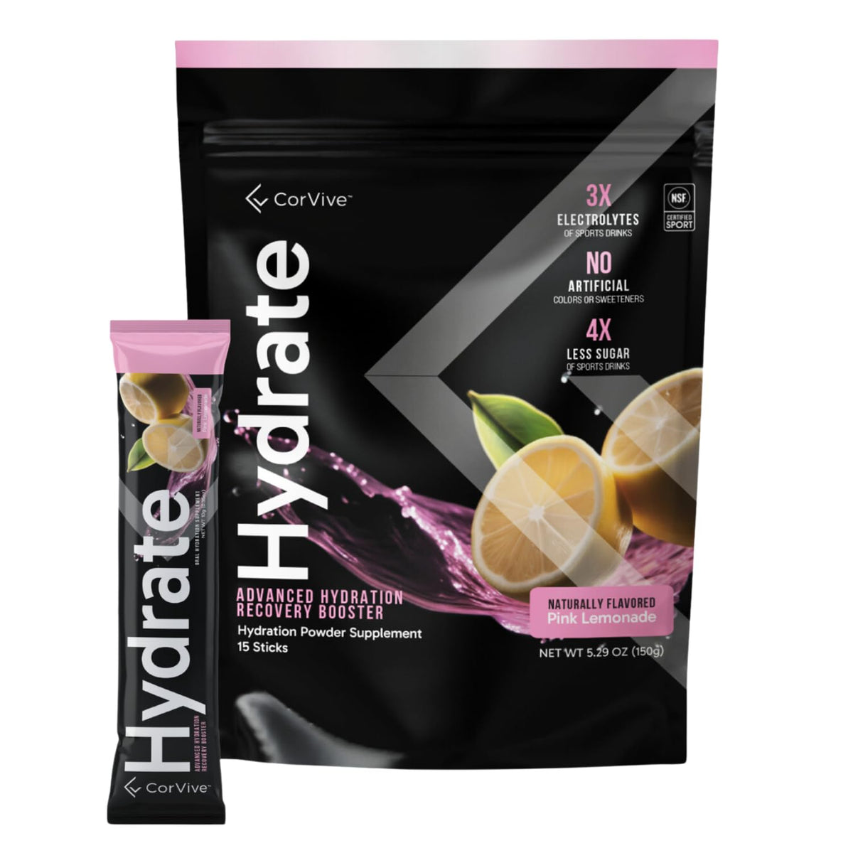 CorVive Hydrate pink lemonade packets displaying convenient single-serve sachets for on-the-go hydration