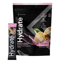 CorVive Hydrate pink lemonade packets displaying convenient single-serve sachets for on-the-go hydration
