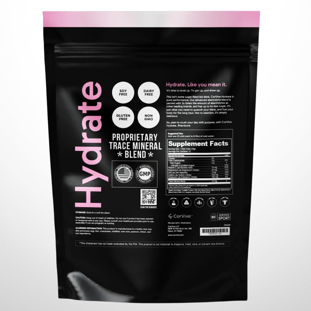 CorVive Hydrate pink lemonade powder close-up shows easy mix-in for rapid electrolyte replenishment